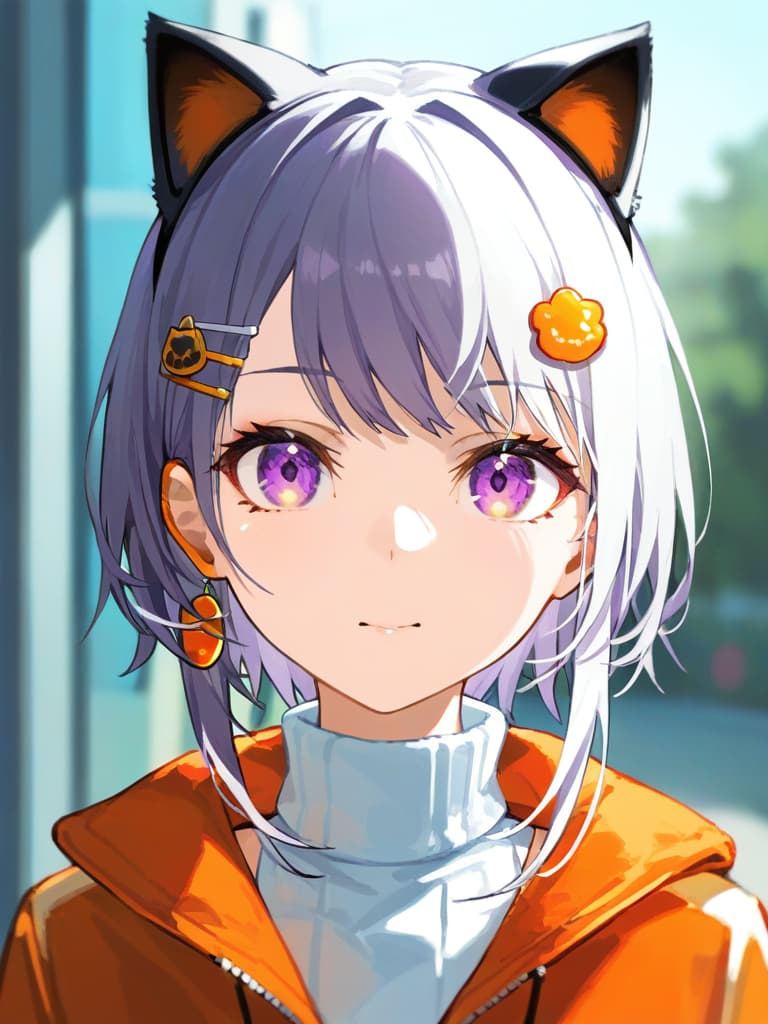  (black cat ear headphones: 1.2), (1.2), (purple eyes: 1.2), (close up: 1.2), (medium hair), (silverbe hair) 1.4)}, earring, (orange overside jacket: 1.1), (shoulder gardens: 1.2), (white turtleneck: 1.1), (hair pin: 1.3)