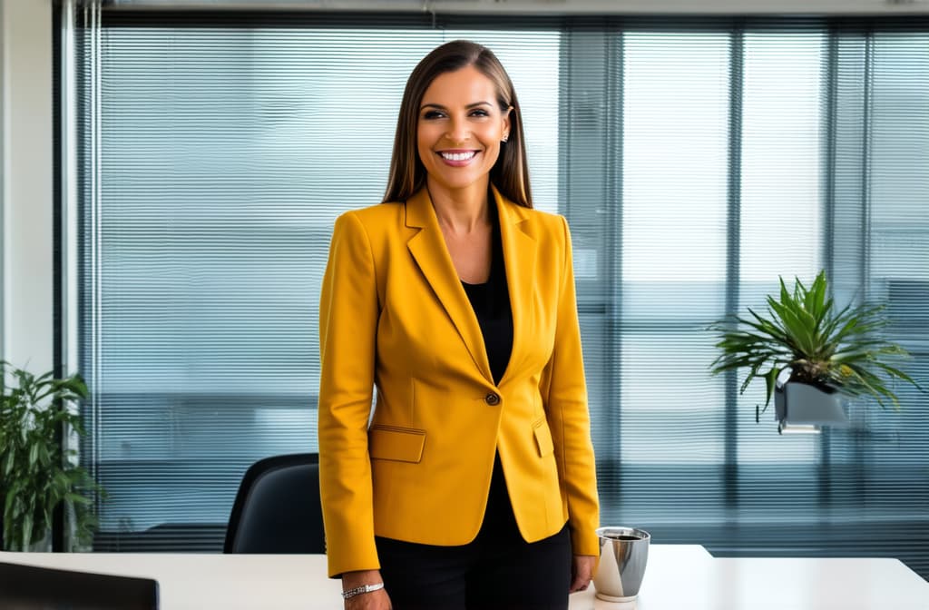  professional detailed photography, portrait of smiling businesswoman in mustard colored jacket standing in open plan office. happy female professional executive manager, financial banking or marketing data. ar 3:2, (muted colors, dim colors, soothing tones), (vsco:0.3)