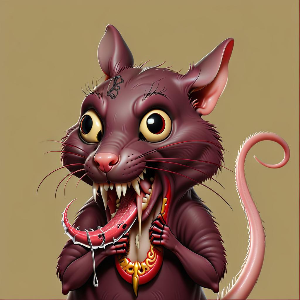  professional 3d model the rat is bald in a tattoo . a very scary rat with long sharp nails. the rat is in a terrible position. long yellow rat teeth . red background. big black eyes. the rat has two hands. one rat's foot on the shoulder . octane render, highly detailed, volumetric, dramatic lighting, sticker