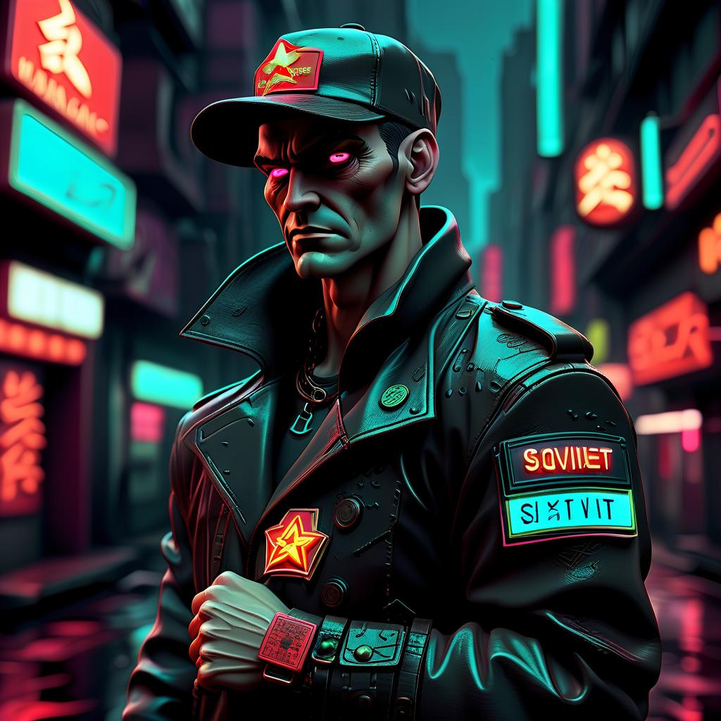  neon noir alastor, a man with a soviet union patch on his sleeve . cyberpunk, dark, rainy streets, neon signs, high contrast, low light, vibrant, highly detailed, hkmagic