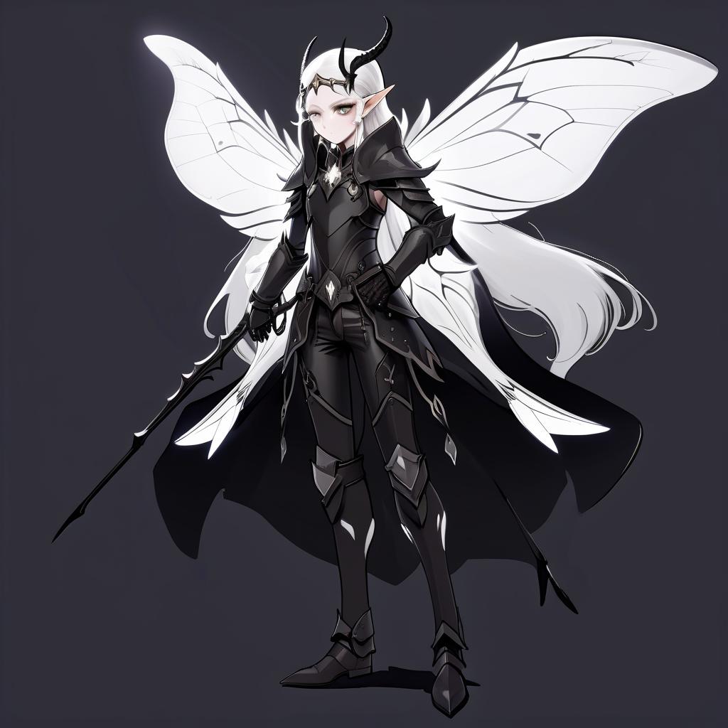  anime artwork dnd, young , black horns on the head, white skin, white hair, long hair in the tail, white eyelashes, black eye white, white iris, pointed elven ears, white wings of a moth, black leather armor, pearl on the . anime style, key visual, vint, studio anime, highly detailed, hkmagic