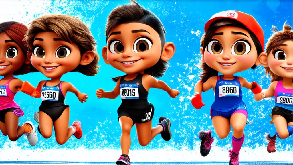  big head, big eyes, caricature, a caricature, rendering, (figurativism:0.8), make a poster with runners in different cartoon costumes running ar 16:9, epic realistic, pixar style, disney, (cycles render:1.3), caustics, (glossy:0.58), (artstation:0.2), cute