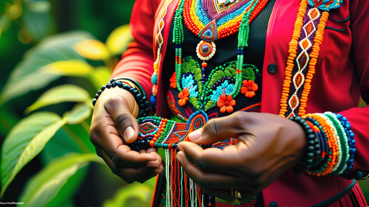  a close up of hands delicately holding vibrant indigenous beadwork, showcasing intricate patterns and colors, set against a natural backdrop of lush greenery, emphasizing cultural heritage and artistry without any people present. hyperrealistic, full body, detailed clothing, highly detailed, cinematic lighting, stunningly beautiful, intricate, sharp focus, f/1. 8, 85mm, (centered image composition), (professionally color graded), ((bright soft diffused light)), volumetric fog, trending on instagram, trending on tumblr, HDR 4K, 8K