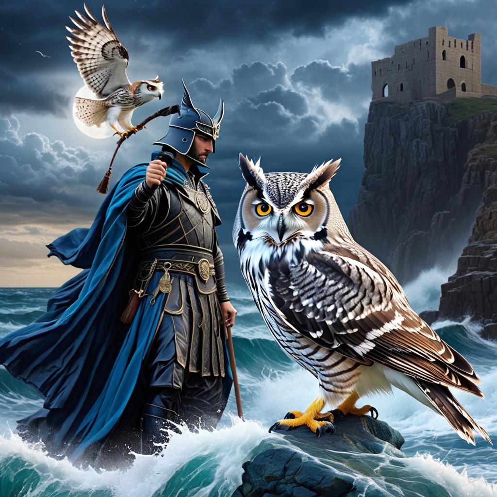  the greek god hades with a screech owl by a stormy sea photo realistic, highly intricate and detailed, masterpiece, ultra high res,photography,8k resolution