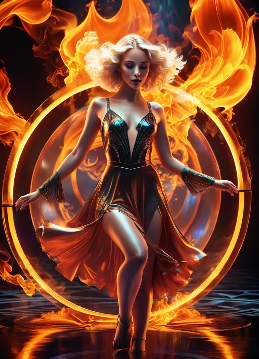  art deco style a young blond theater dancer dances in the flame of liquid glass. . geometric shapes, bold colors, luxurious, elegant, decorative, symmetrical, ornate, detailed, glowneon, hkmagic