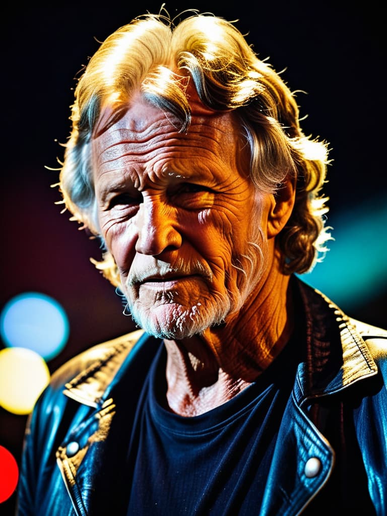  A portrait of Country singer, Kris Kristofferson, medium shot, upper body, spotlight, long exposure lighting, street art style spray paint, glamour lighting