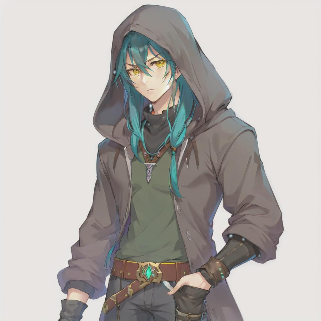  anime artwork a concept art for visual novel game, handsome male, rogue from d&d, portrait, wearing: dark coat with hoodie, tight t shirt, baggy pants, black boots, on the belt have a hunting knife; appearance: light skin, black teal long hair in the ponytail, stumble on the chin, yellow eyes, anime style, very detailed, high quality. . anime style, key visual, vibrant, studio anime, highly detailed