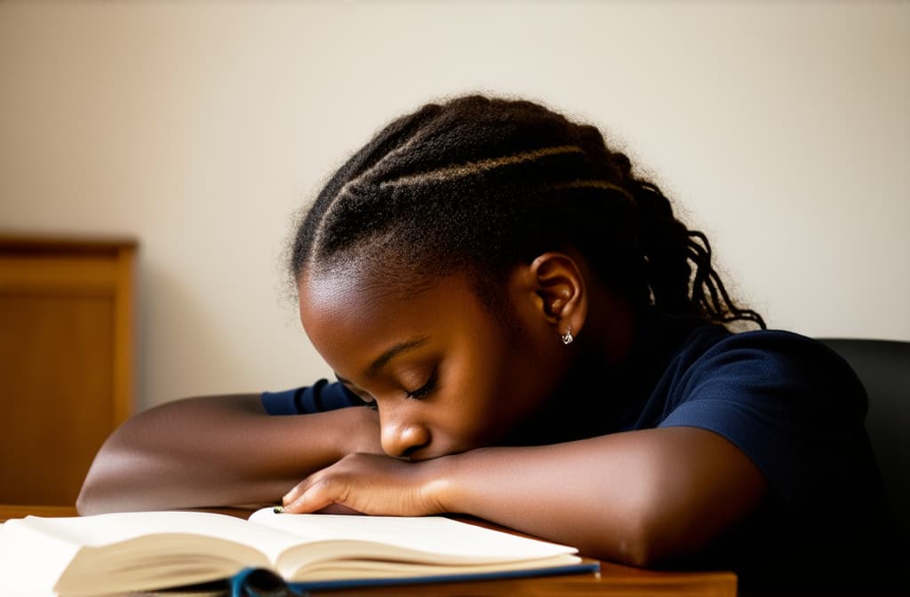  a black school age girl sits at a desk doing her homework, tired and asleep, her head on the desk and her eyes closed. , (natural skin texture), highly detailed face, depth of field, hyperrealism, soft light, muted colors