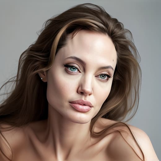  a highly detailed and realistic portrait of a woman resembling angelina jolie, showcasing her natural beauty. the focus is on her graceful pose and elegant features, highlighting her expressive eyes, full lips, and flowing hair. the skin tone is warm and natural, with soft lighting that enhances her contours. the background is softly blurred to emphasize her figure, while the overall composition maintains a tasteful and artistic appearance, celebrating femininity and grace.