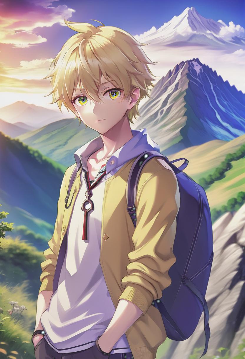  anime artwork handsome guy, blonde hair, mountain valley, medium hair . anime style, key visual, vibrant, studio anime, highly detailed