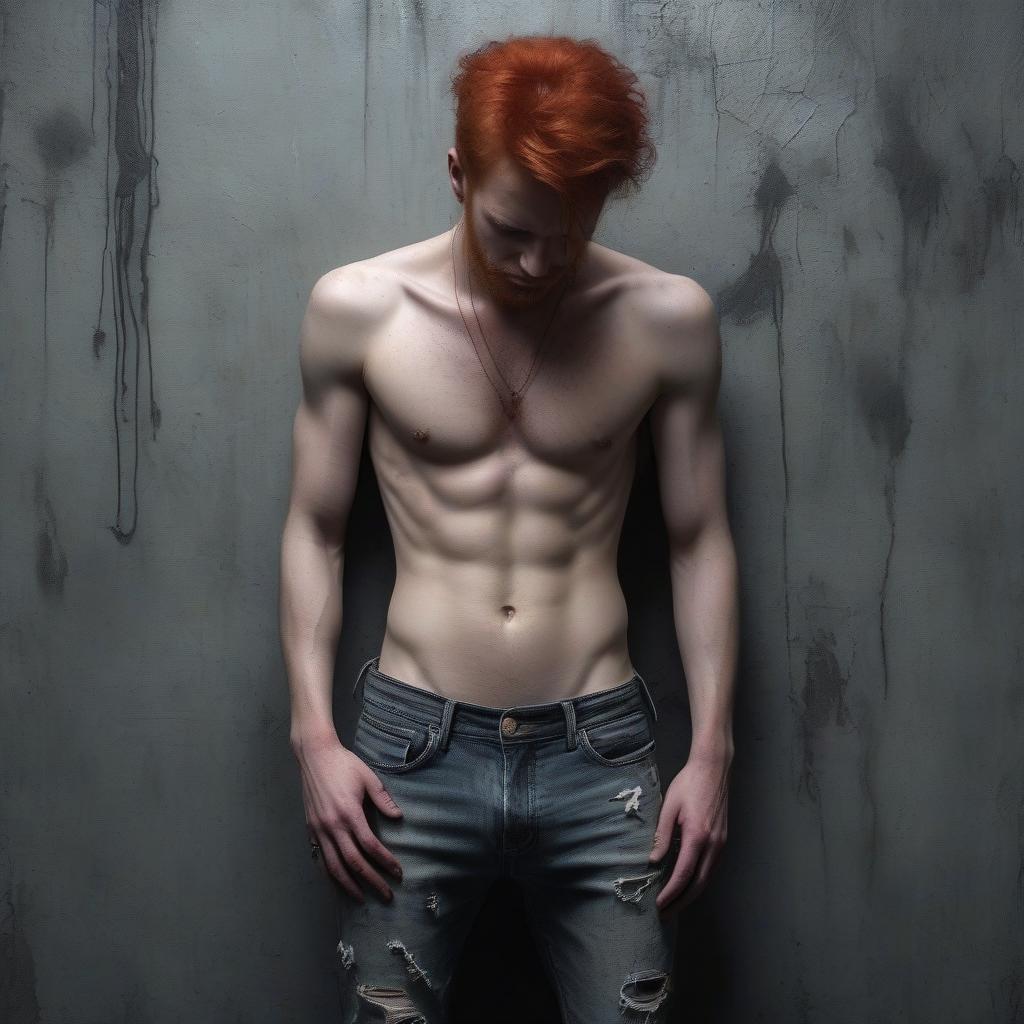  horror themed a red haired of 1 wearing ripped jeans and no shirt. he stands full length with his eyes closed and his head down, clasping his hands to his , leaning against a dark riddled wall. it's overcast. . eerie, unsettling, dark, spooky, suspenseful, grim, highly detailed