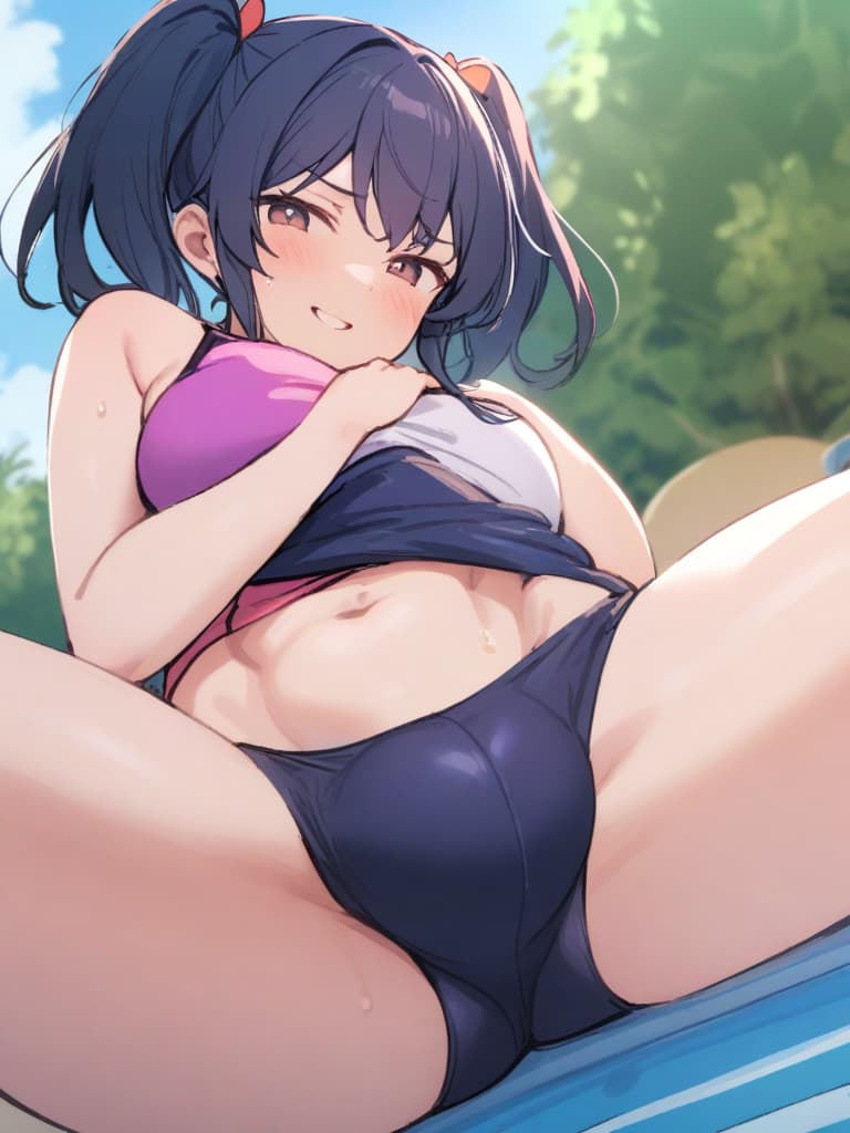  women's elementary students (with male), twin tails, cute smiles, rich s, short stature, dark blue swimwear, old swimwear, swimwear, simple, (swelling), upward, (bulge), front, whole body, pool side,