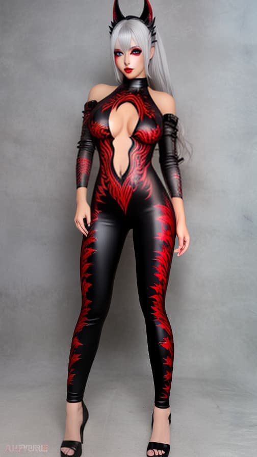  Full body red and Black flame pattern body paint, Silver body paint on the whole body, Silver face paint on the face, Dark elf 女性