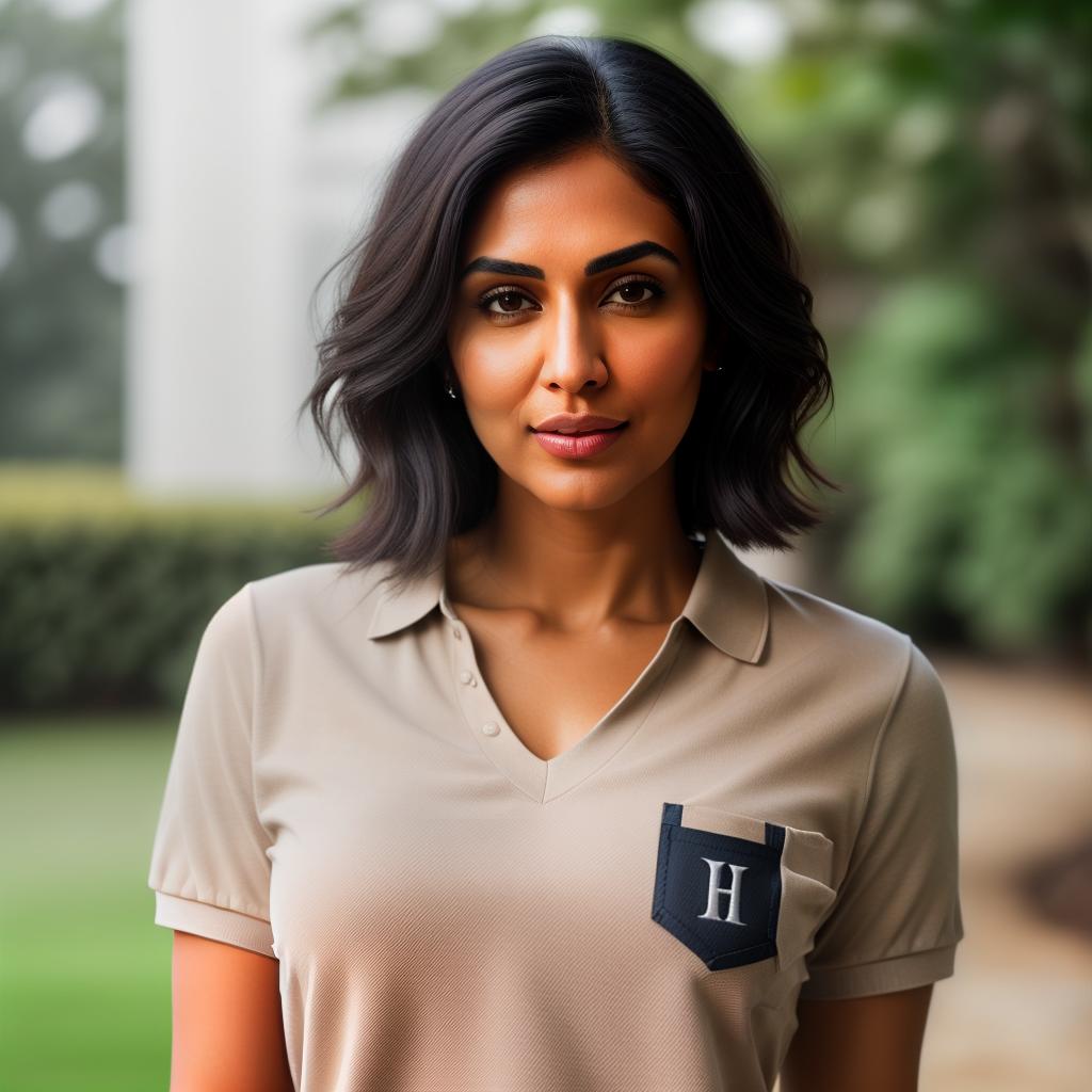  (((realistic full torso frontal head shot of a light brown to medium brown skin tone woman))), komal swati sumanian, ((indian heritage)), immature face, blue eye color, ((short hair style)), ((black hair color)), ((skinny body type)), medium size, big size, (immature straight defined nose), (immature high cheekbones), (immature soft jawline), (immature medium lips), (immature broad forehead), (immature natural eyebrows), (immature dimpled chin), standing straight looking directly into the camera,((wearing fitted polo shirt with deep v neck and monogrammed pocket)), backyard in background, 1girl, best quality, highest quality, award winning photo, masterpiece, raw, professional photography, photorealism, sharp focus, cine hyperrealistic, full body, detailed clothing, highly detailed, cinematic lighting, stunningly beautiful, intricate, sharp focus, f/1. 8, 85mm, (centered image composition), (professionally color graded), ((bright soft diffused light)), volumetric fog, trending on instagram, trending on tumblr, HDR 4K, 8K