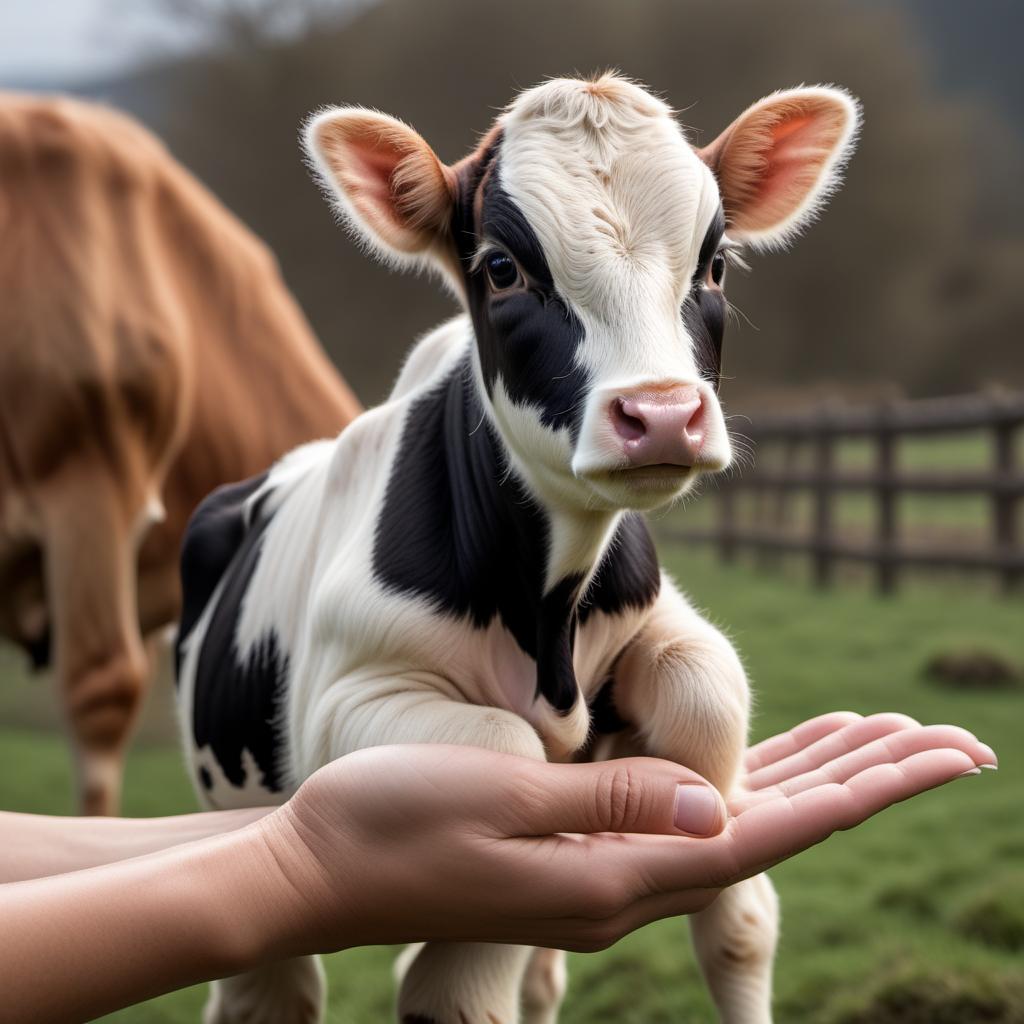  a miniature cow calf being gently held in a person's hand, focusing on the tiny size of the calf compared to the hand. The scene should capture the delicate nature of the calf and the care taken by the person holding it. Background should be soft and blurred to emphasize the main subject. hyperrealistic, full body, detailed clothing, highly detailed, cinematic lighting, stunningly beautiful, intricate, sharp focus, f/1. 8, 85mm, (centered image composition), (professionally color graded), ((bright soft diffused light)), volumetric fog, trending on instagram, trending on tumblr, HDR 4K, 8K