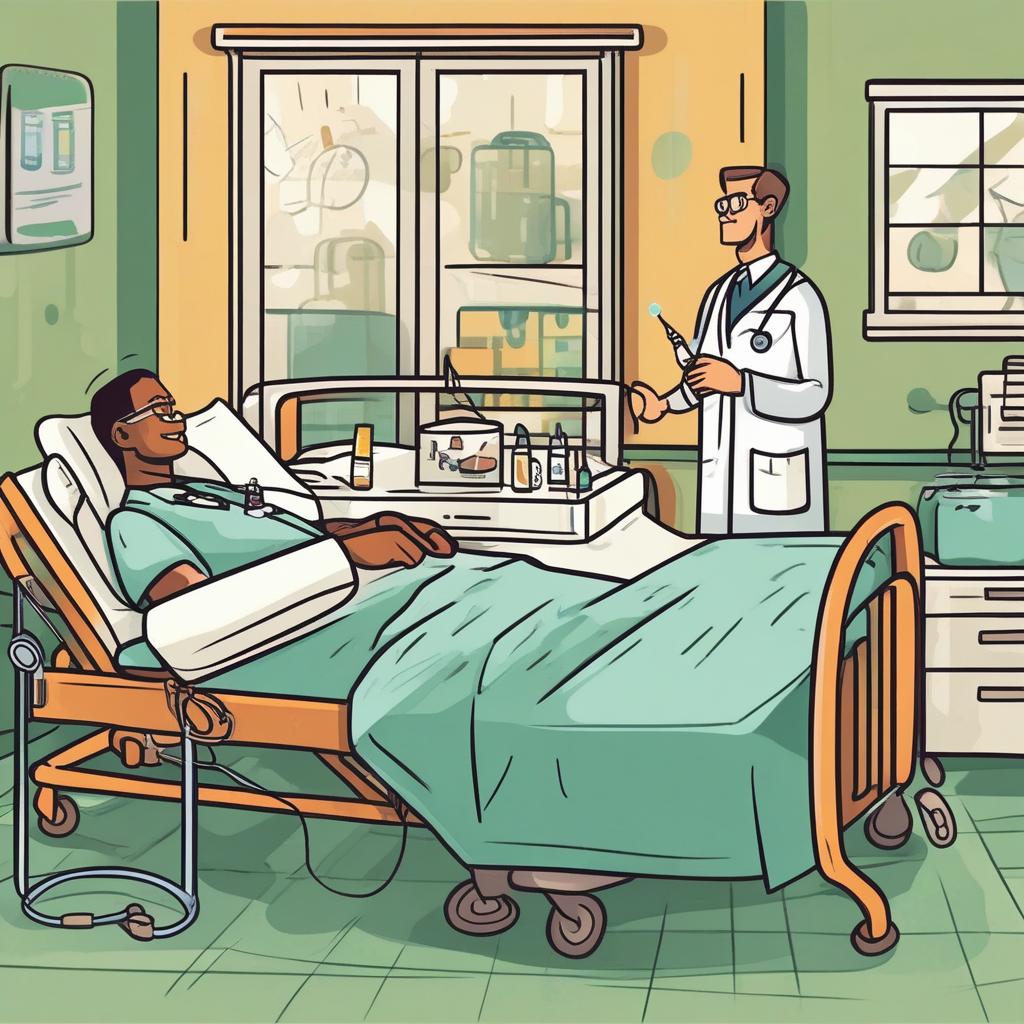  Cartoon style. A doctor stands beside patient's bed, holding a syringe.