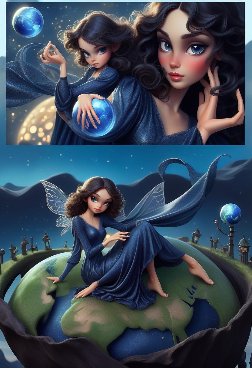  fairy tale enchantress in dark blue shimmering evening dress with airy long sleeves holding a small planet. her dark wavy hair is loose. photorealism. looking directly into the camera. . magical, fantastical, enchanting, storybook style, highly detailed