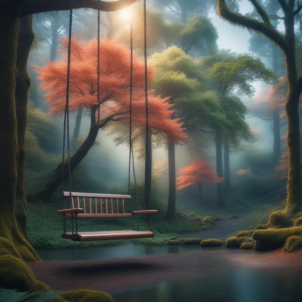  An empty swing in the forest hyperrealistic, full body, detailed clothing, highly detailed, cinematic lighting, stunningly beautiful, intricate, sharp focus, f/1. 8, 85mm, (centered image composition), (professionally color graded), ((bright soft diffused light)), volumetric fog, trending on instagram, trending on tumblr, HDR 4K, 8K