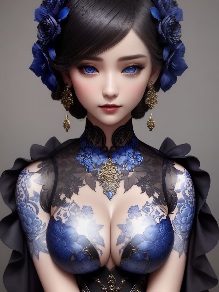  Close-up porcelain female figurine, looking to the camera, glossy surface, glaze, shiny, blue floral tattoos on her, dark gradient background, baroque dark style, hyperrealistic, CG society, intricate details