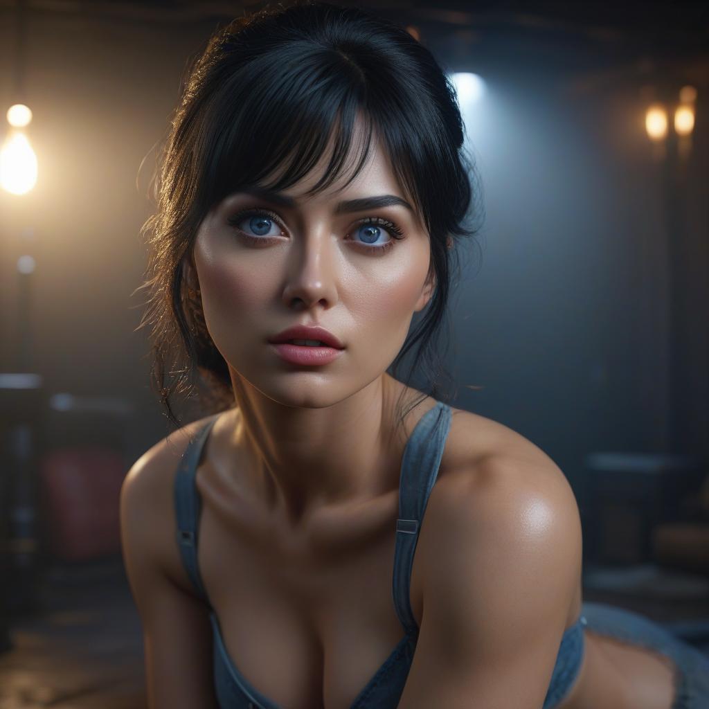  full lenght, raw lighting, over, harsh flash, masterpiece, ultra realistic 8k, (best quality), highly detail, detailed, higher resolution textures, 4k graphic resolution, 1, solo, beautiful , perfect eyes, , cute face, on all fours pose, back view, blue eyes, oily skin, shiny skin, black hair hime cut, gles, small s, skin s hyperrealistic, full body, detailed clothing, highly detailed, cinematic lighting, stunningly beautiful, intricate, sharp focus, f/1. 8, 85mm, (centered image composition), (professionally color graded), ((bright soft diffused light)), volumetric fog, trending on instagram, trending on tumblr, HDR 4K, 8K