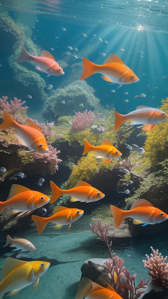  masterpiece, best quality, photographs,the camera dives into the water to focus on a school of river fish swimming freely in the water at sunset ar 9:16 v 6.1