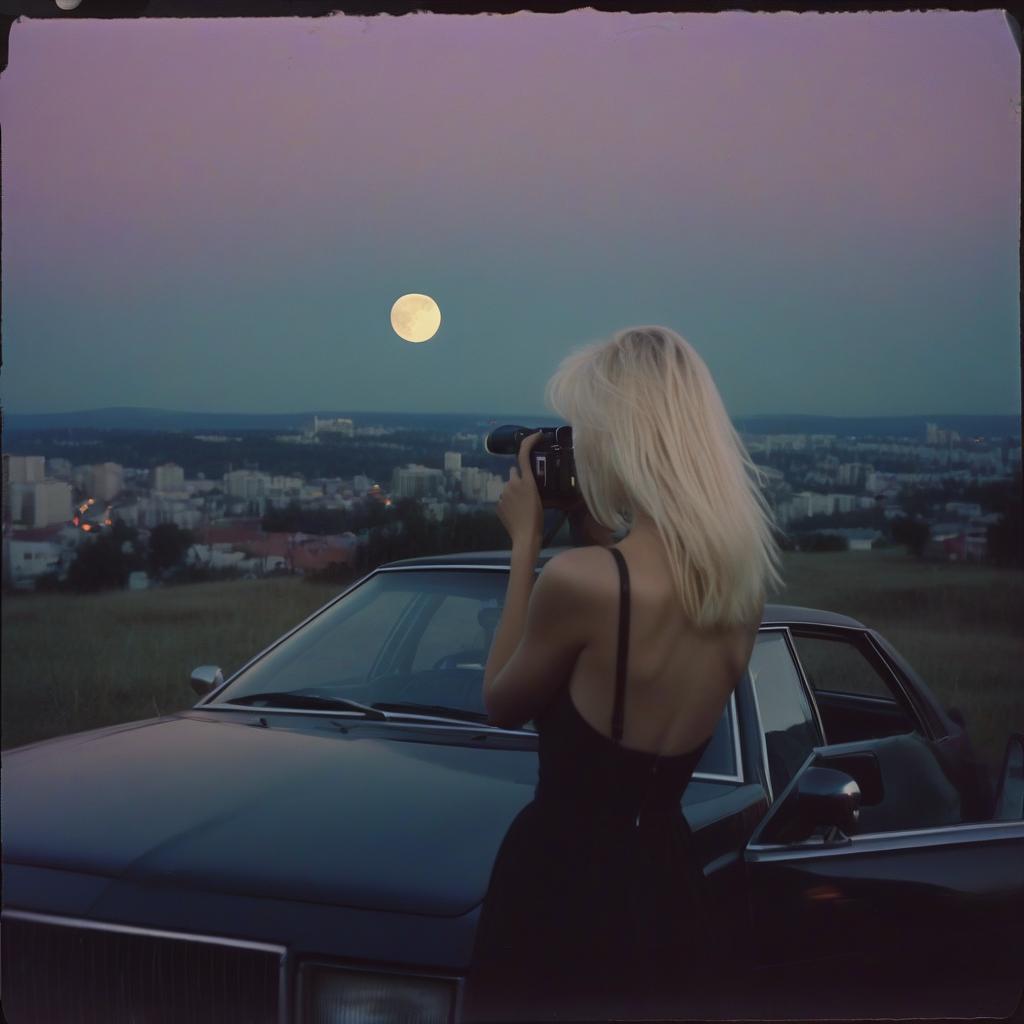  analog film photo the girl platinum blonde takes pictures on the polaroid, next to the guy there is a blonde, the car is black, the view from the hill, in the background the city, the time of twilight, full light moon, style 80 90s. . faded film, desaturated, 35mm photo, grainy, vignette, vintage, kodachrome, lomography, stained, highly detailed, found footage