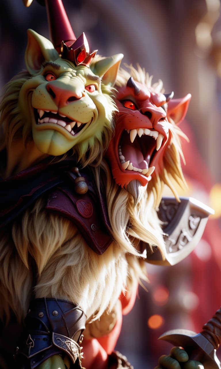  cinematic photo a goblin sits on a lion, an evil lion with a grin, an evil goblin king, a crown on his head, with a small beard, red eyes, an evil grin on his face, a mantle with a furry collar, a large axe on his shoulder, a sporty physique. . 35mm photograph, film, bokeh, professional, 4k, highly detailed, perfecteyes, hkmagic