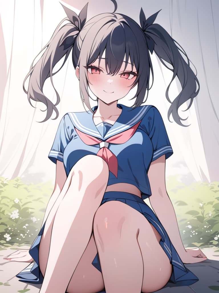  illness, twin tail, sailor suit, menhera, yandere, sitting on the ground, smile, masterpiece, best quality,8k,ultra detailed,high resolution,an extremely delicate and beautiful,hyper detail