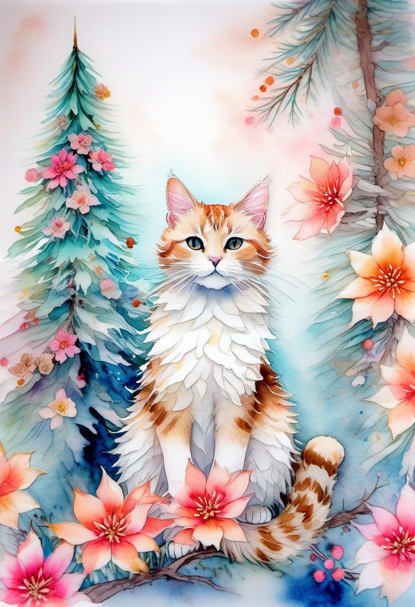  fairy tale christmas trees with cones, a cat in a kimono, (double exposure: 1.4). (soft textured paper). alcohol ink of (bright) flowers. the incompleteness effect. tenderness of watercolors, winter, delicate colors. thin white lines. emotion. light relief pattern. . magical, fantastical, enchanting, storybook style, highly detailed