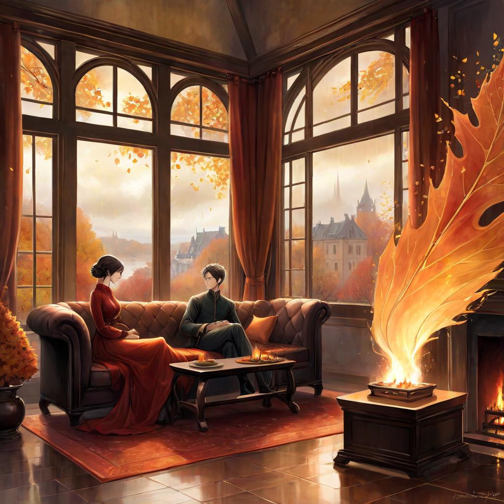  digital illustration, ink and watercolor on parchment, with fine shading of the edges, depicting an two lovers, a man and a woman, are sitting on a sofa by the fireplace, looking out the panoramic window, a monotonous autumn rain is falling outside the window, the wind is carrying autumn leaves, soft diffused lighting in warm tones envelops her, enhancing the mystical aura around her slender form.