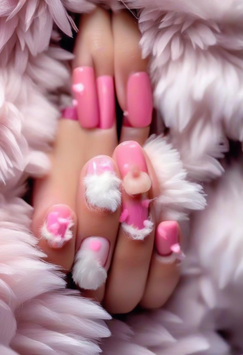  cute young woman with fluffy paws as hand and pinky claws at nail design studio, perfect hands, perfecteyes