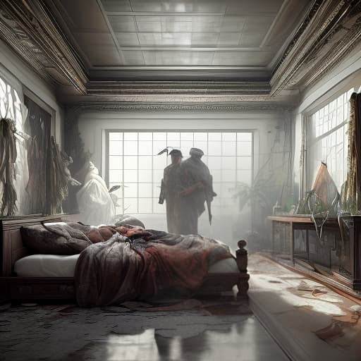  two guys in an empty white studio for a photo room, in opium clothes, one lying the other standing, from them comes the aura effect, shot 35 mm, realism, octane render, 8k, trending on artstation, 35 mm camera, unreal engine, hyper detailed, photo realistic maximum detail, volumetric light, realistic matte painting, hyper photorealistic, trending on artstation, ultra detailed, realistic