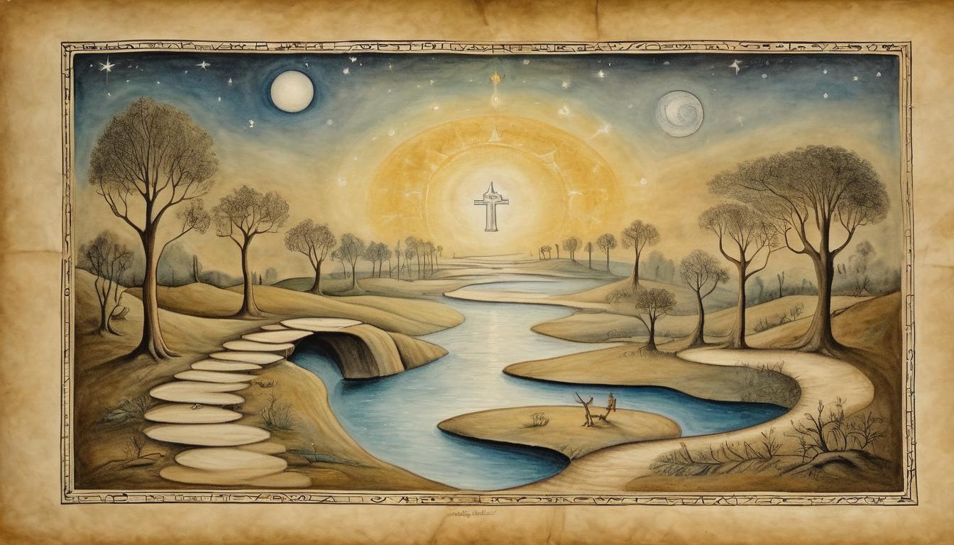  on parchment, surrealism++, stepping stones, glowing with divine light, guiding path, spiritual journey, celestial transition(mysterious, provocative, symbolic)++