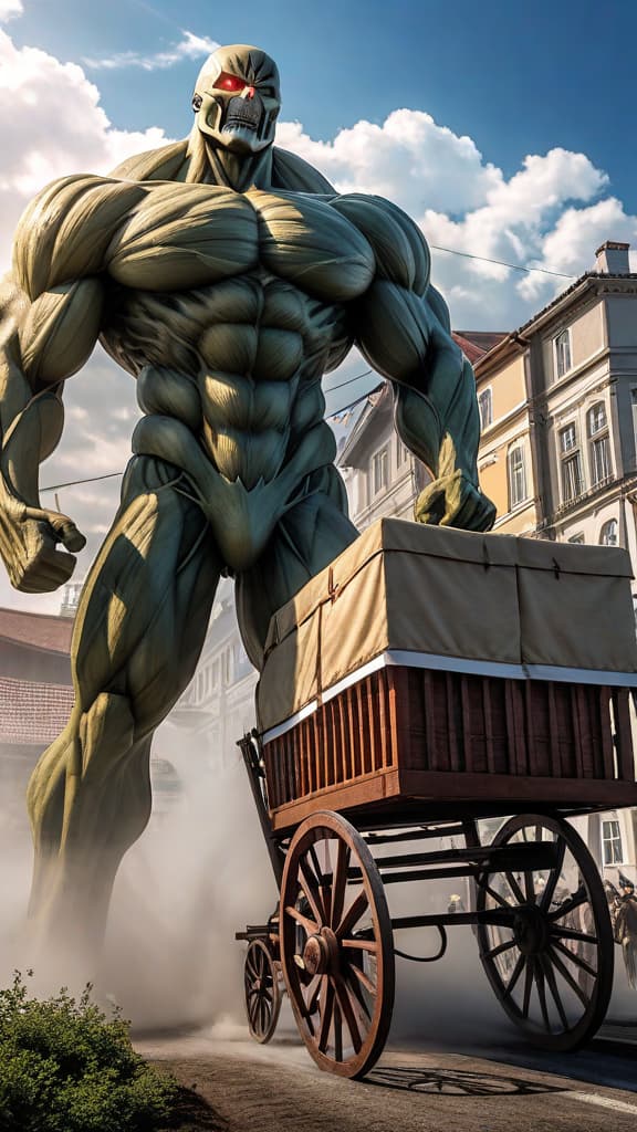  the cart titan with pieck finger from attack on titan, unique at 4 meters, detailed anime art hyperrealistic, full body, detailed clothing, highly detailed, cinematic lighting, stunningly beautiful, intricate, sharp focus, f/1. 8, 85mm, (centered image composition), (professionally color graded), ((bright soft diffused light)), volumetric fog, trending on instagram, trending on tumblr, HDR 4K, 8K