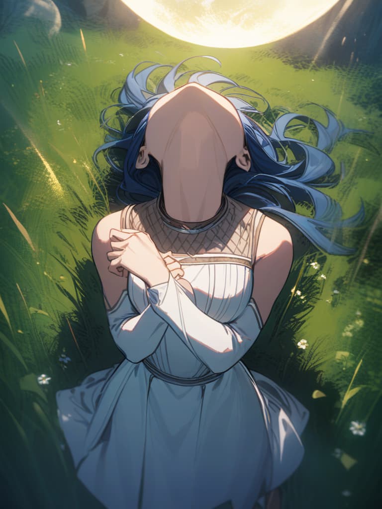  white dress, big moon, looking up, looking up, grass, blue hair, best quality, masterpiece, ultra detailed, healing, healing.