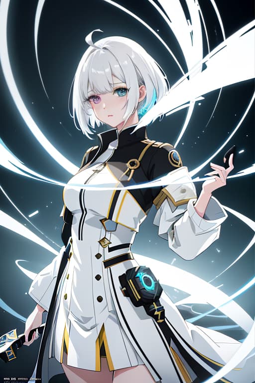  a girl, a white haircut with a tail, a heterochromia, a yellow left eye, a blue right eye, ahoge, a black jacket with white boxes, a portal fracture, a face expression., anime style photo, manga style, digital art, glow effects, hand drawn, render, 8k, octane render, cinema 4d, blender, dark, atmospheric 4k ultra detailed, cinematic sensual, sharp focus, humorous illustration, hyperrealistic, big depth of field, masterpiece, colors, 3d octane render, 4k, concept art, trending on artstation, hyperrealistic, vivid colors hyperrealistic, full body, detailed clothing, highly detailed, cinematic lighting, stunningly beautiful, intricate, sharp focus, f/1. 8, 85mm, (centered image composition), (professionally color graded), ((bright soft diffused light)), volumetric fog, trending on instagram, trending on tumblr, HDR 4K, 8K