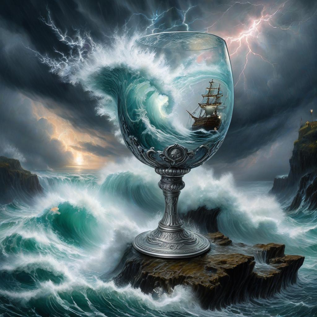  nautical themed double exposure image. very close up. concept art. breathtaking image of a sea storm and a ship in (large silver goblet: 1,2) surrounded by waves of water on a cliff. foaming waves, clouds in the sky, thunderstorm and branching lightning create an intimidating and majestic picture. the splashes of water and foam, the waves overflowing over the edge of the cup in a waterfall, create a sense of unreality, surrealism. the texture of the water and foam is well rendered. elements of rocaille and fantasy surrealism. dynamics and decorative excesses. josephine wall. fragonard and antoine watteau. sabbas aptheros, greg rutkowski, who kiver, carole buck, andrew jones. high detail. high contrast. harmony of color tones. high quality. 