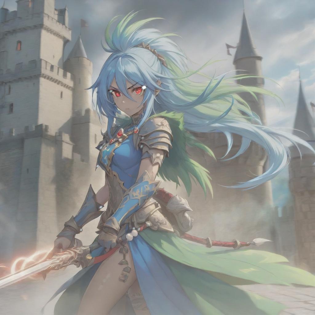  long exposure photo of portrait of strong rage amazonas lancer. red eye. long blue hair. tilting head down, lightgreen mantle, shoulder pad feather, accessory necklace with pearls on the forehead, against the background of the castle siege . blurred motion, streaks of light, surreal, dreamy, ghosting effect, highly detailed, sticker, hkmagic