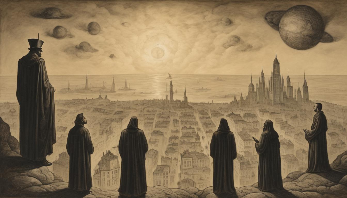  on parchment, surrealism++, a group of individuals rising above a cityscape, glowing with inner light, watched by shadowy figures below, transcendence, unity(mysterious, provocative, symbolic)++