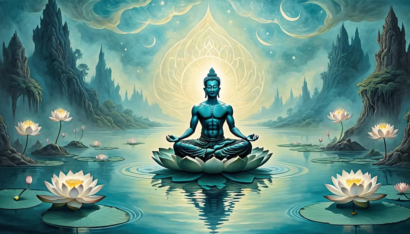  on parchment, surrealism+++, serene figure meditating in a lotus position, floating above rippling water, inner peace, glowing aura(mysterious, provocative, symbolic,muted color)+++