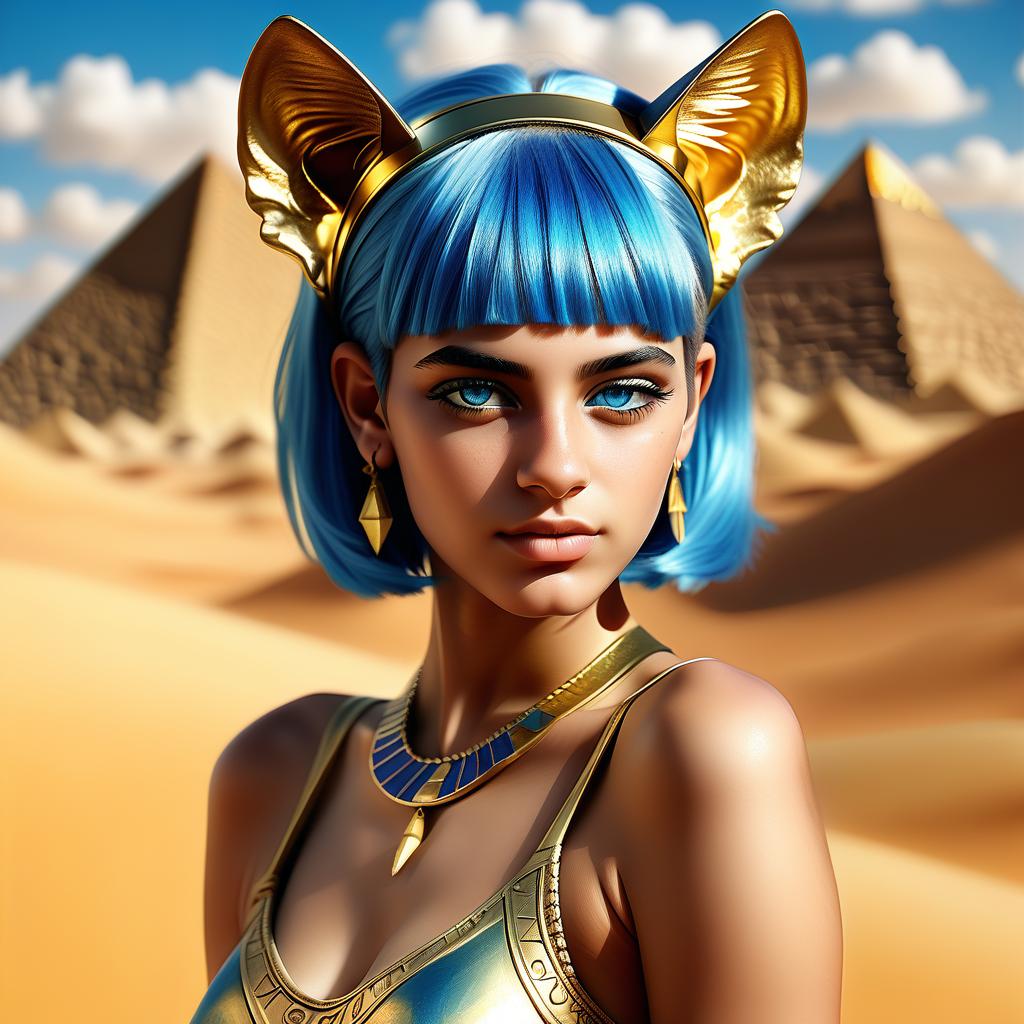  hyperrealistic art a young egyptian in her 20s. madam. with blue hair. you should. full height. gold decoration of rims with golden cat ears. azure shiny eyes of the aimed at me. two gold celets on shoulders and hands. s. in the desert. bright blue sky. white clouds. maximum quality. body. a clean face. no makeup. . extremely high resolution details, photographic, realism pushed to extreme, fine texture, incredibly lifelike