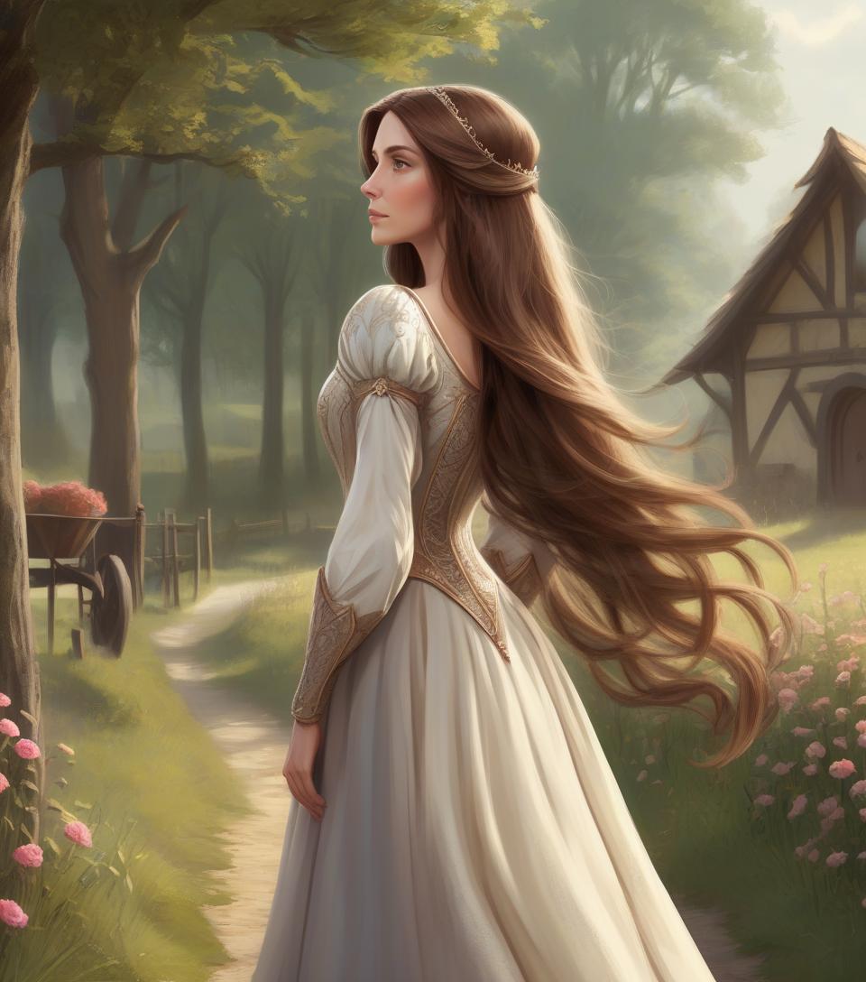  concept art middle age princess, countryside, thin, long brown hair . digital artwork, illustrative, painterly, matte painting, highly detailed