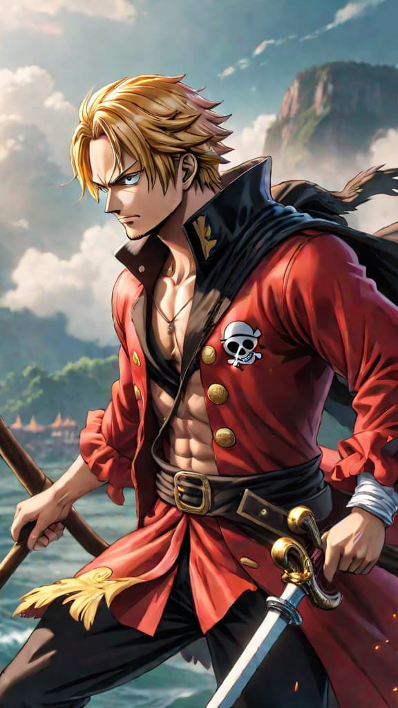  create an anime art of roger from one piece harnessing ancient powers on raftel. hyperrealistic, full body, detailed clothing, highly detailed, cinematic lighting, stunningly beautiful, intricate, sharp focus, f/1. 8, 85mm, (centered image composition), (professionally color graded), ((bright soft diffused light)), volumetric fog, trending on instagram, trending on tumblr, HDR 4K, 8K