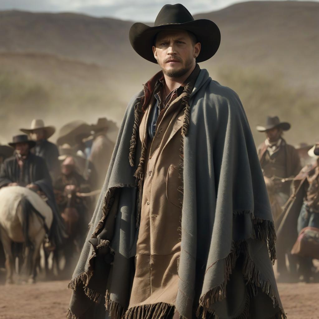  cowboy, tom hardy, full length, poncho, hat, two barreled