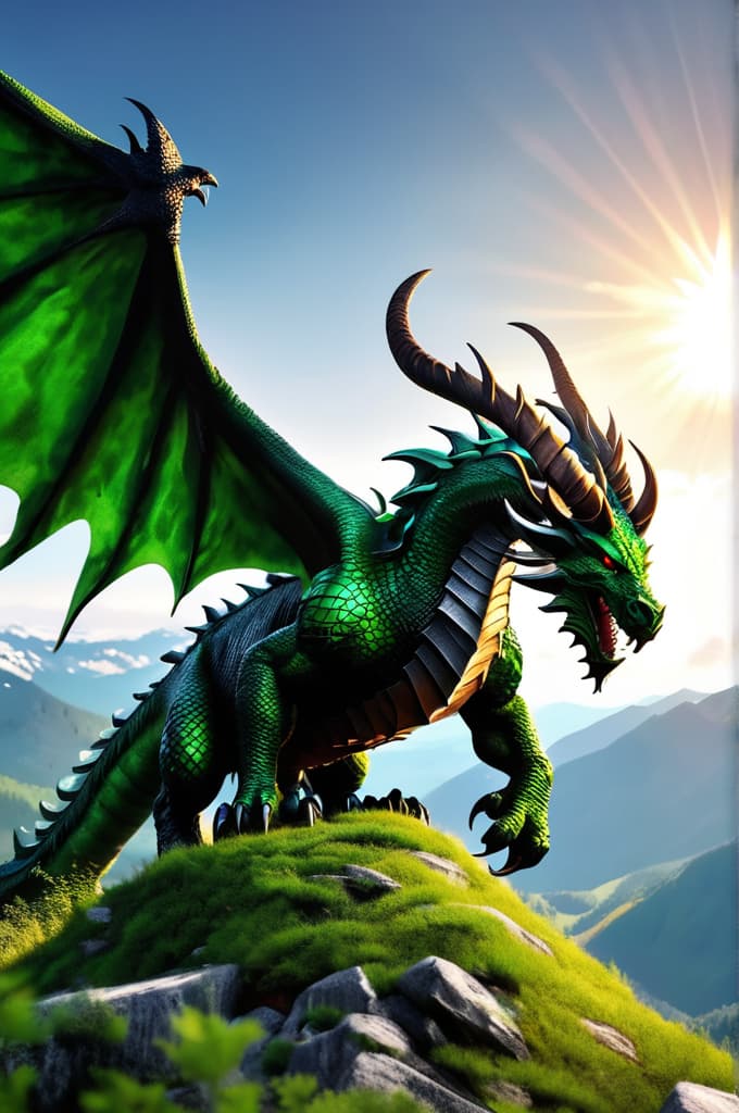  some green dragon with big wings on the mountains with sun and nature and with horns and look scary but friendly, 4k