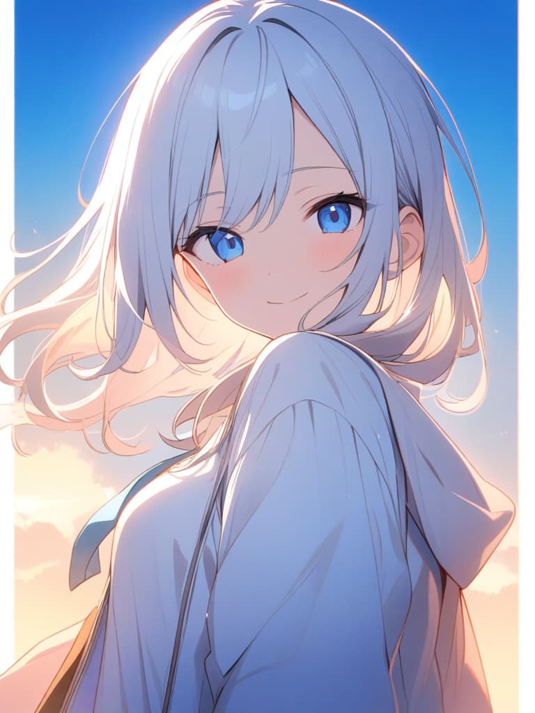  ((white hair,beautiful ,long hair,beautiful,blue eyes,smiling,cute,cute smile,refreshing,blue sky background,white ,smiling))、ultra detailed,best shadow,cute and beautiful face,(masterpiece:1.2),(best quality:1.2),detailed background,high contrast,(best illumination,an extremely delicate and beautiful),((cinematic light)),hyper detail,dramatic light,intricate details,8k,anime,very aesthetic