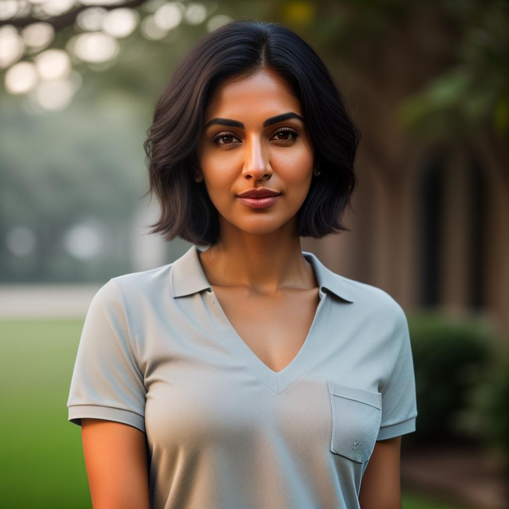  (((realistic full torso frontal head shot of a light brown to medium brown skin tone woman))), komal swati sumanian, ((indian heritage)), immature face, blue eye color, ((short hair style)), ((black hair color)), ((skinny body type)), medium size, big size, (immature straight defined nose), (immature high cheekbones), (immature soft jawline), (immature medium lips), (immature broad forehead), (immature natural eyebrows), (immature dimpled chin), standing straight looking directly into the camera,((wearing fitted polo shirt with deep v neck and monogrammed pocket)), backyard in background, 1girl, best quality, highest quality, award winning photo, masterpiece, raw, professional photography, photorealism, sharp focus, cine hyperrealistic, full body, detailed clothing, highly detailed, cinematic lighting, stunningly beautiful, intricate, sharp focus, f/1. 8, 85mm, (centered image composition), (professionally color graded), ((bright soft diffused light)), volumetric fog, trending on instagram, trending on tumblr, HDR 4K, 8K