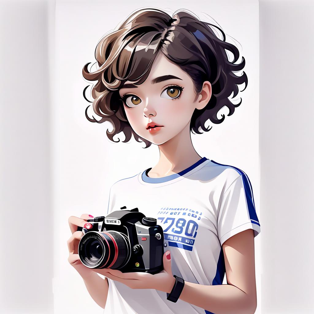  advertising poster style in the foreground, an adult girl with short curly dark hair holds a camera in her hands, she is wearing a sports t shirt, white walls in the background, photos weigh on white walls . professional, modern, product focused, commercial, eye catching, highly detailed