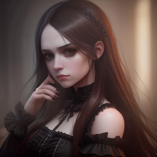  girl, gothic, long brown hair, long black sharp nails, shot 35 mm, realism, octane render, 8k, trending on artstation, 35 mm camera, unreal engine, hyper detailed, photo realistic maximum detail, volumetric light, realistic matte painting, hyper photorealistic, trending on artstation, ultra detailed, realistic