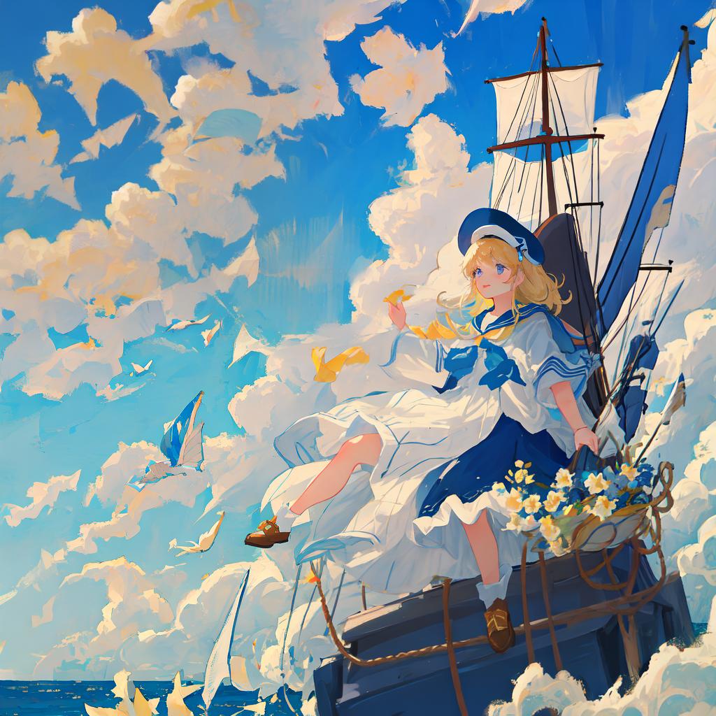  masterpiece, best quality, blue sky, white clouds, sea, whales flying in the sky, sailing ships on the sea